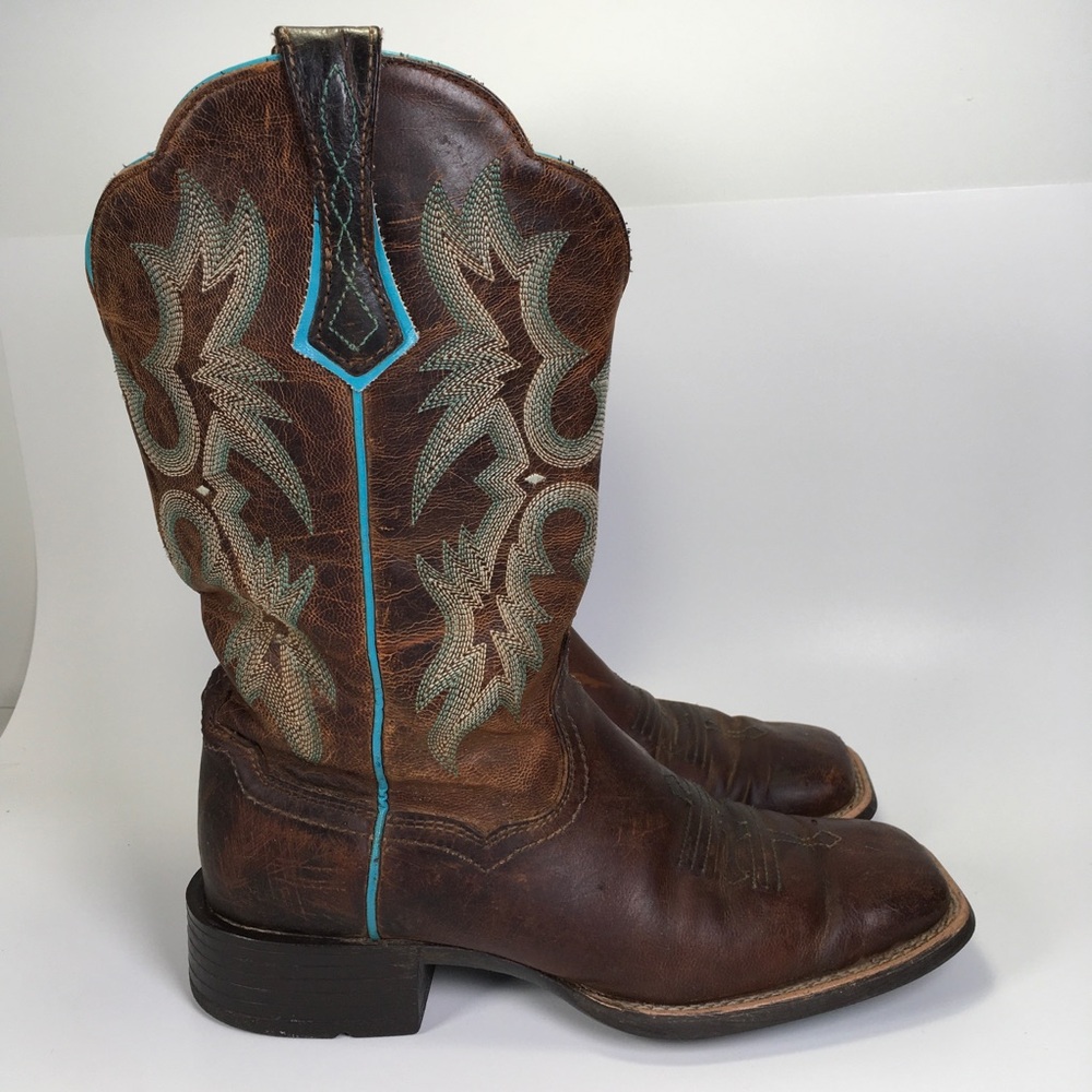 Ariat Brown Leather Western Boots with Turquoise Stitching - Picture 2 of 8